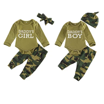 FOCUSNORM 0-12 м Комплекты одежды для новорожденных мальчиков и девочек С камуфляжным буквенным принтом, Ползунки с длинными рукавами, Штаны, Повязка на голову / Шляпы