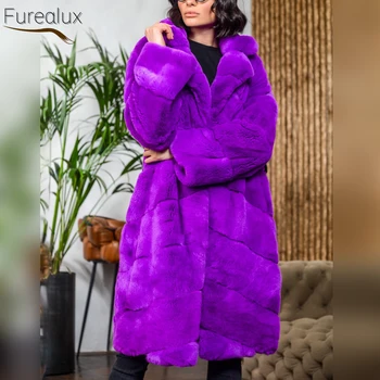 FUREALUX Fashion Парка из натурального меха кролика Рекс, пальто из натурального кролика Рекс ручной работы, Осень-зима, женская толстая теплая модная куртка