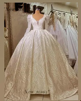 Дубай, Блестящее бальное платье с длинными рукавами, Свадебные платья для женщин, невесты, V-образный вырез, пышные складки, Свадебные платья принцессы на заказ 2023