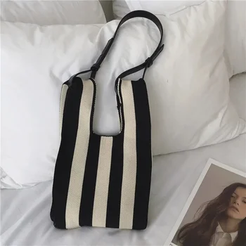 Женская сумка, квадратная сумка-тоут, полосатая модная простая сумка через плечо, универсальная маленькая свежая сумка для девочек в японском стиле