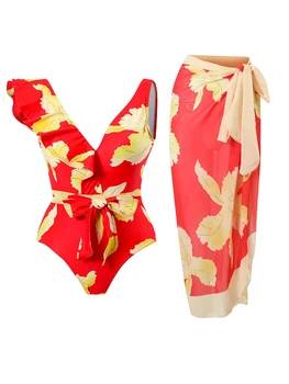 Женский цельный купальник COOBBU, закрывающий купальный костюм, Монокини с рюшами, бандажные купальники, сексуальные цельные костюмы, пляжная одежда с принтом листьев