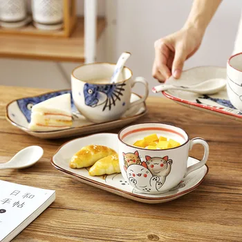 Керамическая Кофейная чашка большой емкости в японском стиле с крышкой, ложка, бытовая Ретро Ручная роспись, Милая пара, Кружка для молока для завтрака