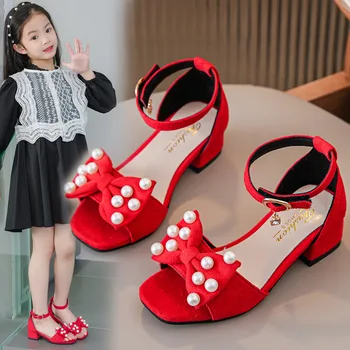 Летние детские сандалии, новые модные туфли принцессы с бантом и жемчугом на высоком каблуке для девочек, вечерние сандалии H722