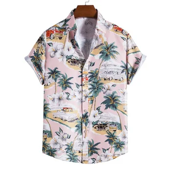 Летняя пляжная одежда для мальчиков, рубашка большого размера, рубашка с рисунком автомобиля в виде пальмы, мужская повседневная одежда на пуговицах с коротким рукавом, одежда для вечеринок