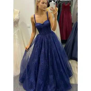 Новое поступление 2023, вечернее платье на тонких бретельках, королевское синее блестящее тюлевое вечернее платье, сшитое на заказ с перекрестной спинкой, длинные вечерние платья