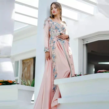 Розовый Марокканский Кафтан, Мусульманские вечерние платья трапециевидной формы с длинными рукавами, аппликации, Дубай, Арабский, Турция, Абая, Исламское вечернее платье