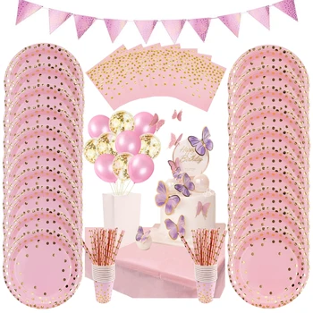 Розовый набор одноразовой посуды, Стаканчики для бумажных салфеток в золотой горошек, Тарелки для скатертей, Соломинки для украшения свадьбы, Дня рождения, детского душа