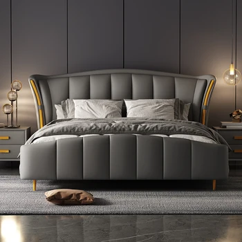 Роскошная кожаная кровать в стиле постмодерн роскошная главная спальня простая двуспальная кровать 1,8 м Итальянская вилла класса люкс чистая красная свадебная кровать