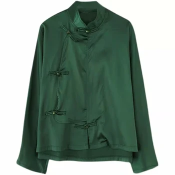 Рубашка в китайском национальном стиле 2023 года, Темно-зеленый женский весенний топ, платье Тан, Женская рубашка в традиционном китайском стиле в стиле ретро