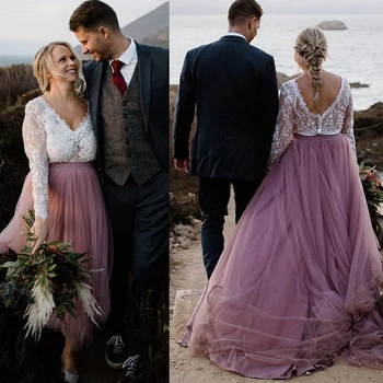 Свадебное Раздельное платье с длинными рукавами в деревенском пляжном стиле из двух частей, Асимметричный Тюль, большие размеры, V-образный вырез, свадебные платья для фотосъемки в стиле бохо
