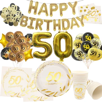 украшение к 50-летию Баннер с воздушным шаром Одноразовая посуда с Днем рождения, юбилейные украшения для вечеринки