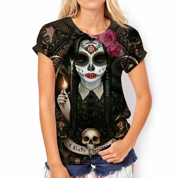 2023 Новая женская рубашка Skull Day shirt Dead shirt Платье с круглым вырезом, хлопковая повседневная футболка в стиле хип-хоп с коротким рукавом
