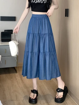 Fitaylor, Новинка сезона Весна-лето, женская повседневная эластичная джинсовая юбка с высокой талией, женские модные винтажные однотонные длинные юбки трапециевидной формы.