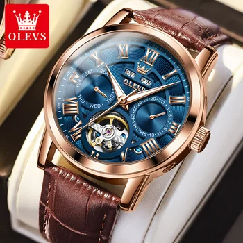 OLEVS 6668, мужские многофункциональные часы с ремешком из натуральной кожи, модные автоматические механические водонепроницаемые мужские наручные часы