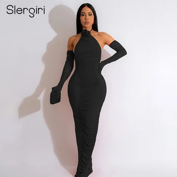 Slergiri черное кружевное платье с завязками сбоку, без спинки, на бретелях, женское 2023, элегантное вечернее платье-футляр без рукавов с рюшами, сексуальное платье макси