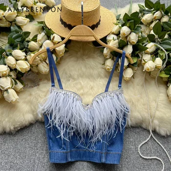 Американский ретро-дизайн, камзол-бандо с кисточками из бриллиантовых перьев, женская одежда, летняя уличная джинсовая майка, стропы