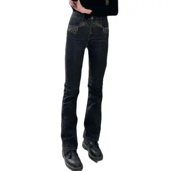 Брюки Женские Темные брюки с прямыми штанинами, джинсы, черные облегающие брюки с высокой талией, облегающие брюки-ботфорты, эластичный хлопковый деним в винтажном стиле