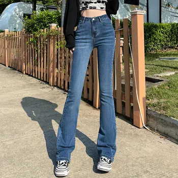 Весенние Узкие Женские расклешенные брюки с высокой талией, эластичные Модные Тонкие Джинсовые брюки Y2K, Корейский тренд, Женские выстиранные джинсы, Черный, синий цвет
