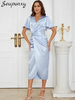 Высококачественное женское сексуальное синее платье с драпировкой с V-образным вырезом и коротким рукавом 2023, Летнее элегантное вечернее платье для вечеринки в клубе знаменитостей Vesidos
