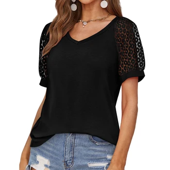 Горячая модная летняя женская футболка, кружевные гладкие блузки с коротким рукавом, женская футболка с V-образным вырезом, Нарядные Свободные повседневные однотонные топы