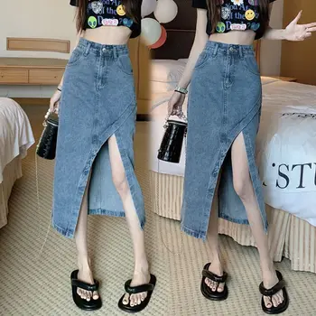 Джинсовая юбка Женские джинсовые длинные юбки Лето 2023 Винтажная юбка Макси с разрезом по бокам Джинсовая юбка Женская длинная Корейская A15