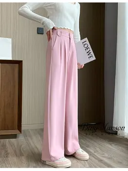 Женские Корейские классические офисные брюки 2023 года с высокой талией, белые прямые брюки с карманами, женские брюки на двойных пуговицах