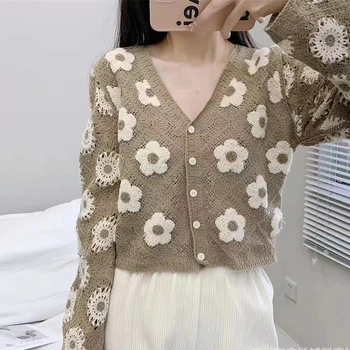 Женский полый свитер, Кардиганы, вязаные топы с цветочным рисунком, вязаный топ с V-образным вырезом