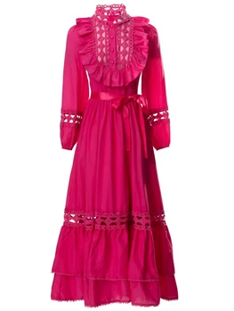 Женское дизайнерское высококачественное весенне-осеннее новое открытое винтажное платье для вечеринок, шикарное модное длинное элегантное розово-красное длинное платье