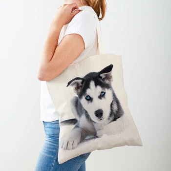 Забавная собака Сибирского Хаски Женские сумки для покупок, Сумочка Многоразового использования с двойным принтом, Милое Домашнее животное, Повседневная холщовая сумка-тоут, Женская сумка для покупок