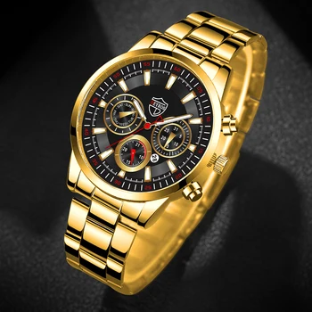 Золотые Мужские кварцевые часы из нержавеющей стали Модный Мужской деловой календарь Роскошные наручные часы Спортивные светящиеся Мужские кожаные часы