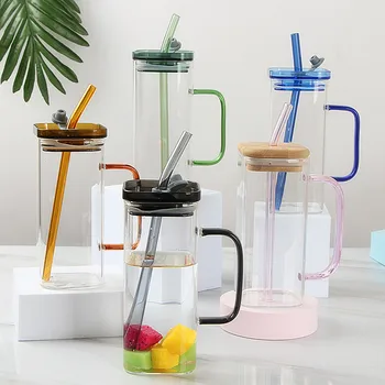Квадратный стакан с цветной ручкой, соломинкой и акриловой крышкой, стеклянные стаканчики для газировки, кофе со льдом, чая с пузырьками молока, воды