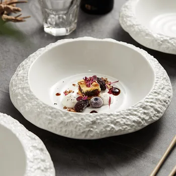 Керамическая тарелка с каменным узором, бытовая глубокая тарелка, креативная посуда для ресторана отеля, высококачественная белая обеденная тарелка, суповая тарелка