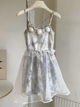 Летнее Французское модное Винтажное газовое платье с цветочным узором для выпускного вечера, женское 2023, Эстетичное Мини-роскошное платье на бретельках, вечерний халат для вечеринок