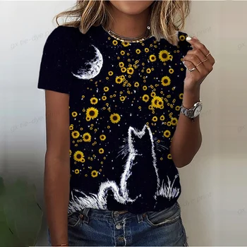 Летняя женская футболка, Повседневная Футболка с принтом Kawaii Sunflower Cat, Удобная Повседневная Женская одежда, Черный Топ Y2K