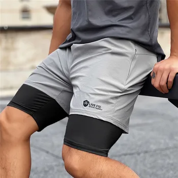 Мужские быстросохнущие эластичные шорты для фитнеса на молнии, повседневные поддельные двухслойные баскетбольные тренировочные штаны для бега