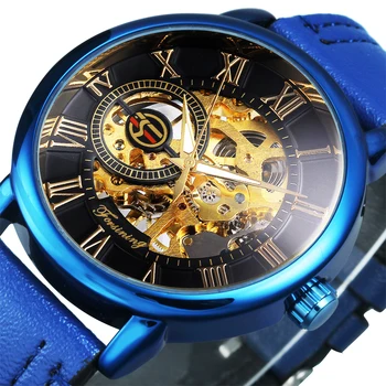 Мужские часы 2020 года, лучший бренд класса Люкс, механические мужские наручные часы Skeleton, модный синий кожаный ремешок, тонкий корпус часы мужские