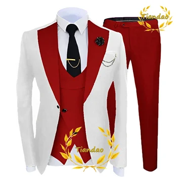 Мужской костюм, свадебный смокинг, комплект из 3 предметов, белый пиджак, брюки, жилет, модный блейзер для жениха, комплект для мужчин