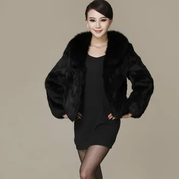 Новая популярная женская короткая куртка из натуральной кроличьей шерсти, зимняя теплая куртка с воротником из натуральной лисьей шерсти, женская футболка с длинным рукавом из черного меха.