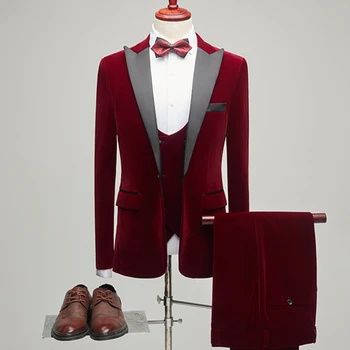 Новый мужской облегающий деловой комплект из золотистого бархата: повседневные бутик-блейзеры из 3 предметов, куртка, брюки, жилет