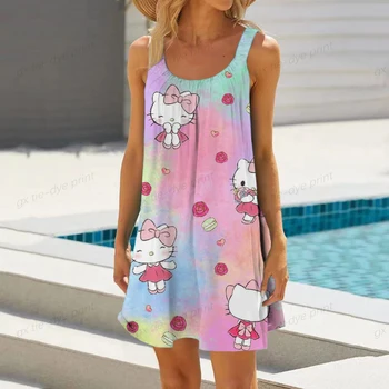 Свободная пляжная одежда с принтом Hello Kitty без рукавов Для женщин, Туника, длинные парео, цельные купальники 2023, женское пляжное платье
