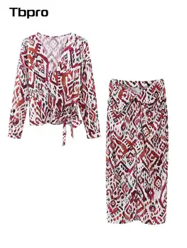 Сексуальная рубашка с V-образным вырезом и принтом, прямая юбка трапециевидной формы, комплект из 2 предметов, модная элегантная женская одежда в стиле ретро, Темпераментная повседневная уличная одежда