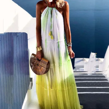 Сексуальное свободное платье на бретельках Модное сетчатое плиссированное пляжное платье в стиле пэчворк, летняя уличная одежда с градиентным рисунком, женское длинное платье
