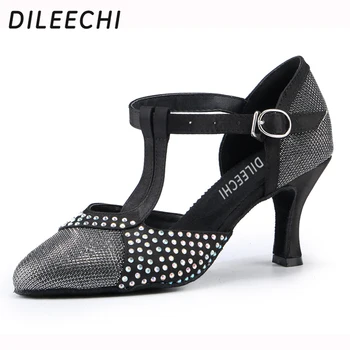 Туфли для латиноамериканских танцев со стразами DILEECHI, женские туфли для латиноамериканских танцев, черные, золотые, с закрытым носком, весенние или осенние туфли для бальных танцев на высоком каблуке 7,5 см